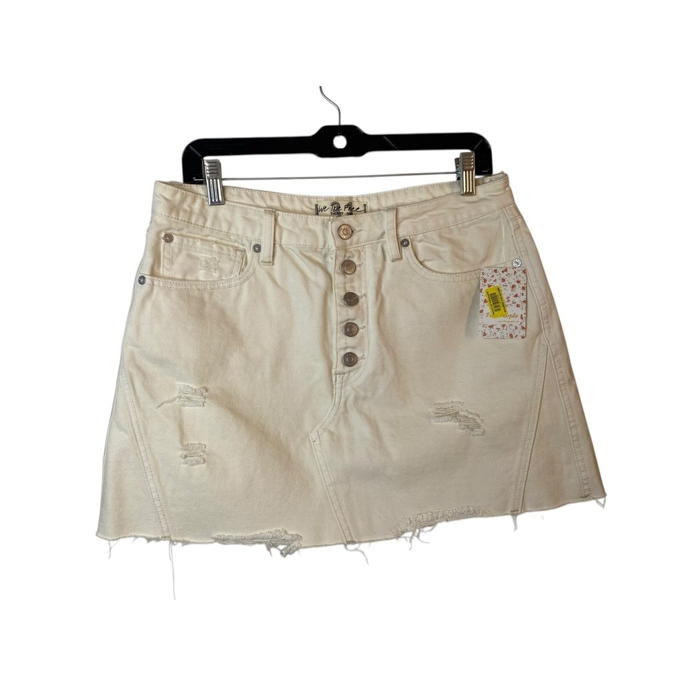 We The Free People White Denim Mini Skirt Women 31W 15L Button Front Raw Hem